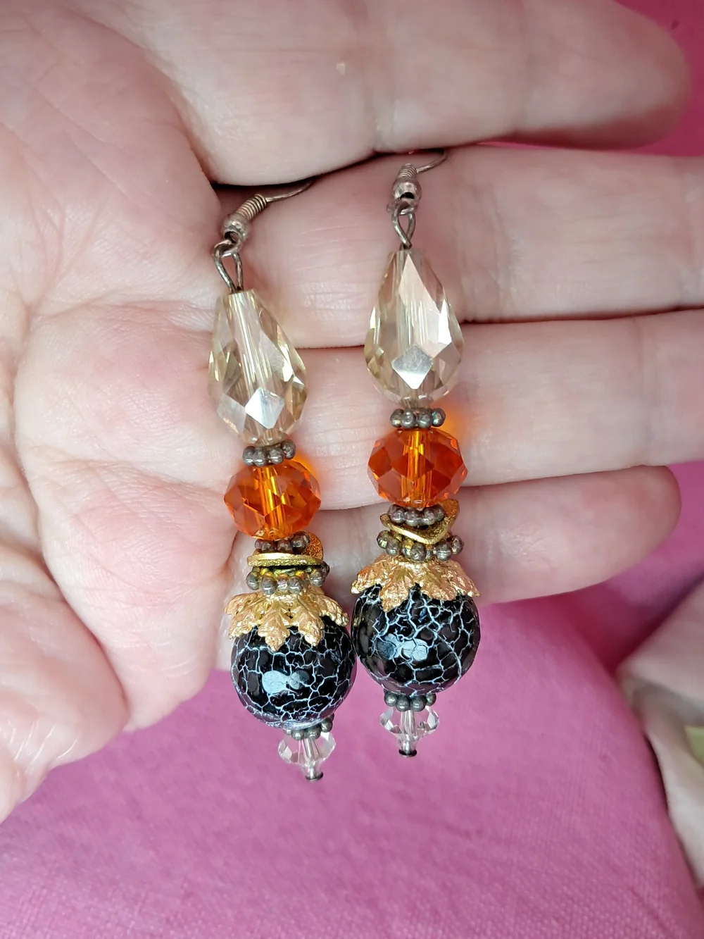 Artisan Vintage Multi-Bead Black Crackle Glass & Orange Crystal Drop Earrings